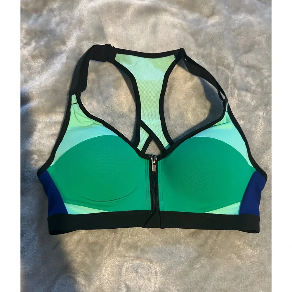 Victoria Sport Sports Bra Womens 34A Front Zip Colorblock Racerback High Impact